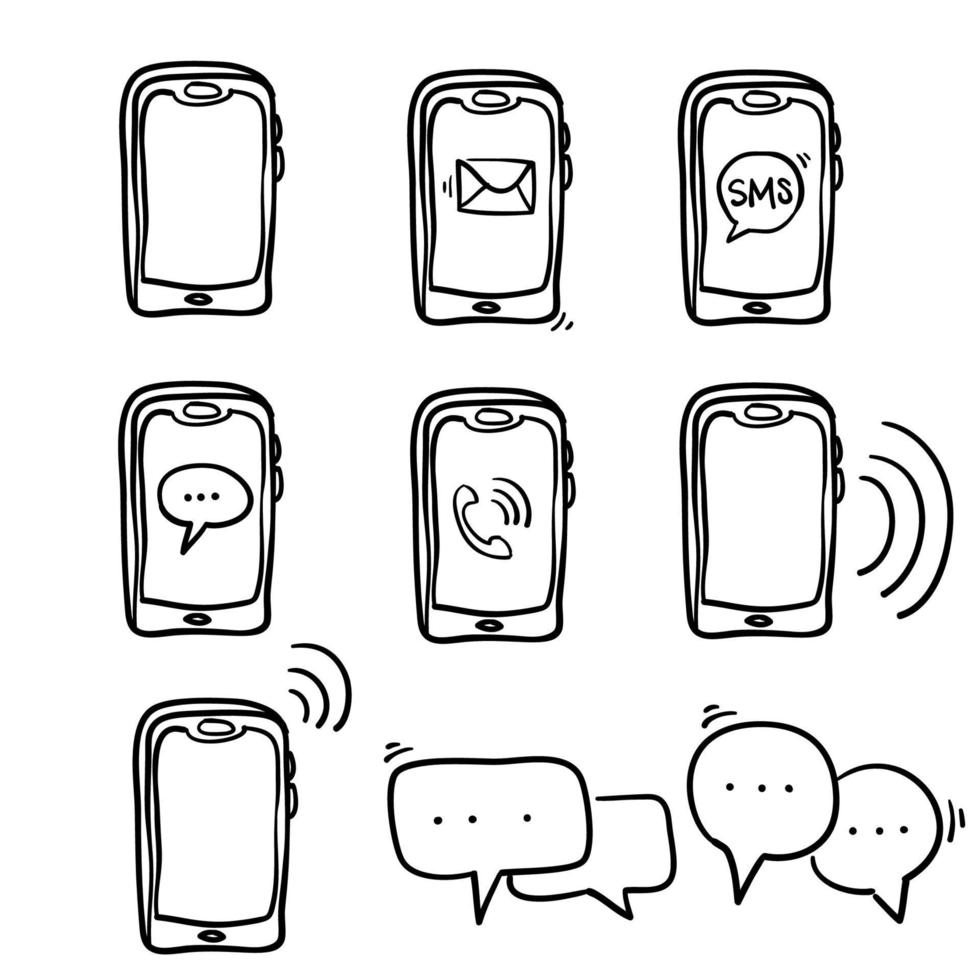 Phone notification icons on white background, sms icon, cell phone, call phone, message, doodle illustration vector