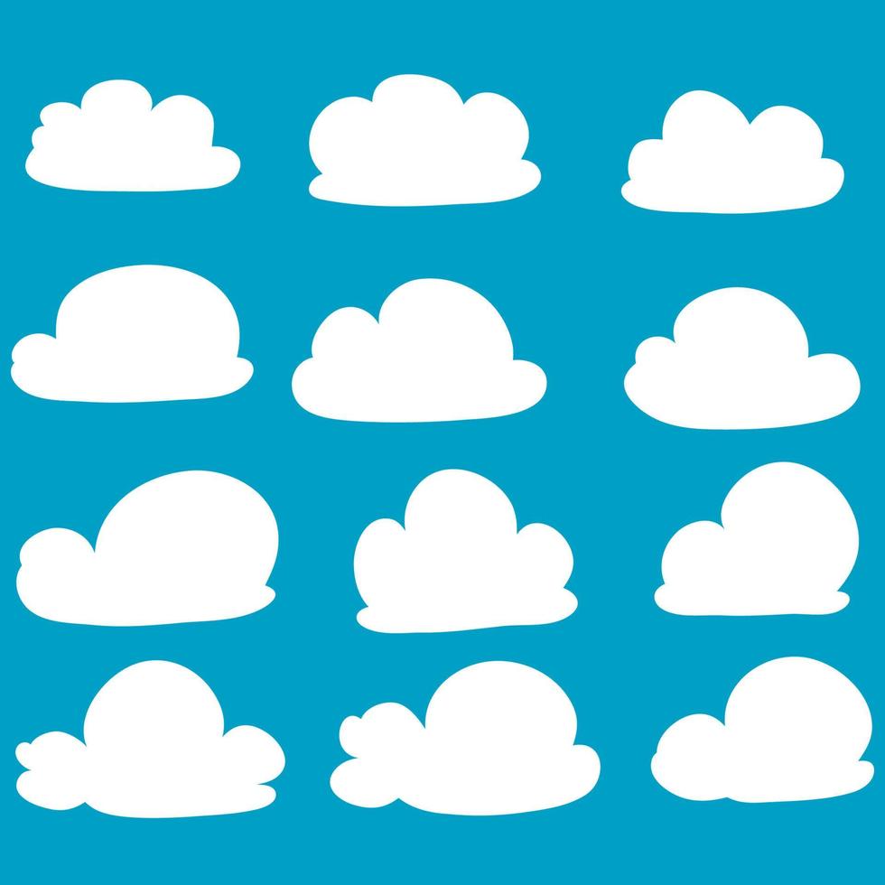 Cloud. Abstract white cloudy set isolated on blue background. Vector illustration.with hand drawn doodle style