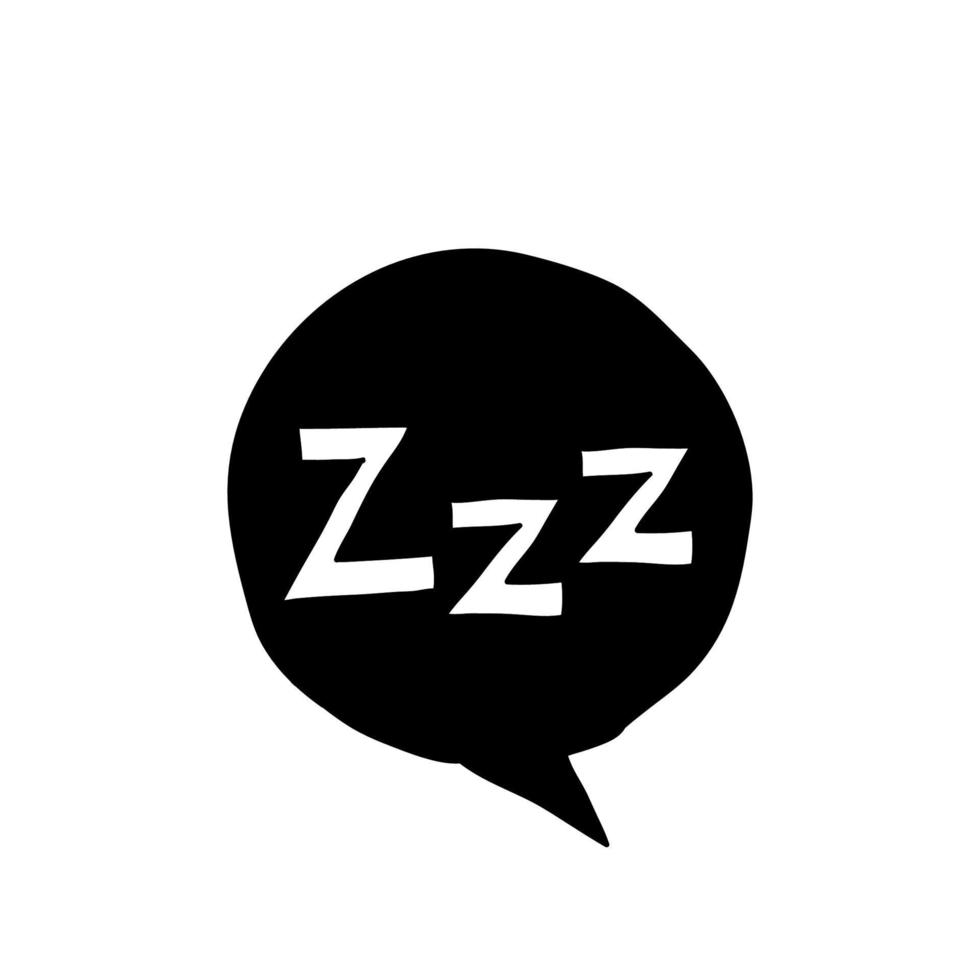 Sleepy zzz icono de burbuja de conversación negra sobre fondo blanco. concepto de diseño sobre el sueño, el sueño, la relajación, el insomnio.con un vector de estilo de garabato dibujado a mano