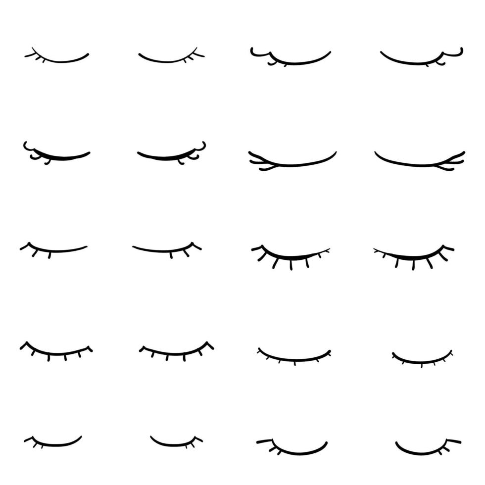 doodle closed eyes icon set. hand drawn symbol design girl black eyelash on white background. vector