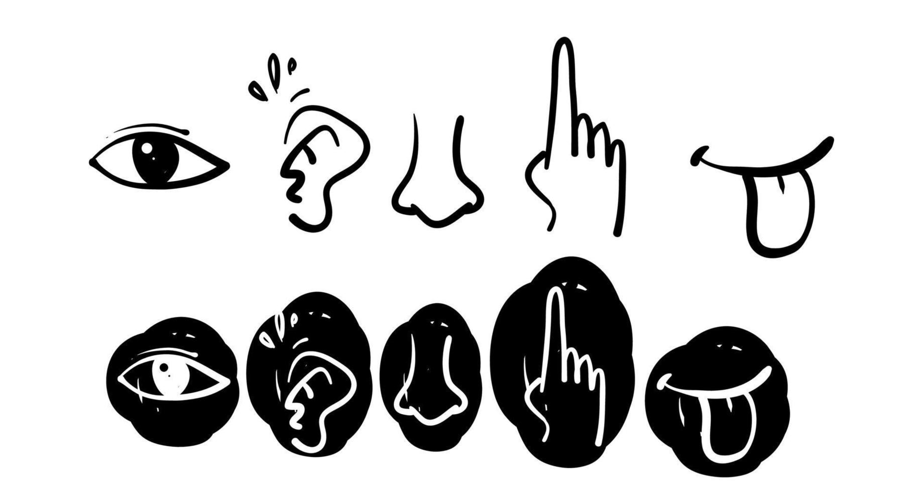 Icon set of five human senses. Vision eye, smell nose, hearing ear, touch hand, taste mouth with tongue doodle style vector