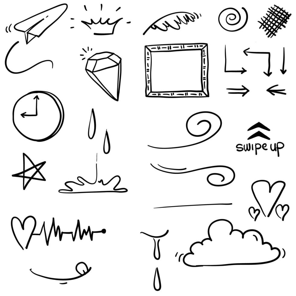 set of doodle design elements. Arrow, heart, love, speech bubble, star, leaf, sun,crown, king, queen,Swishes, swoops, emphasis ,swirl, heart,gem cartoon style vector