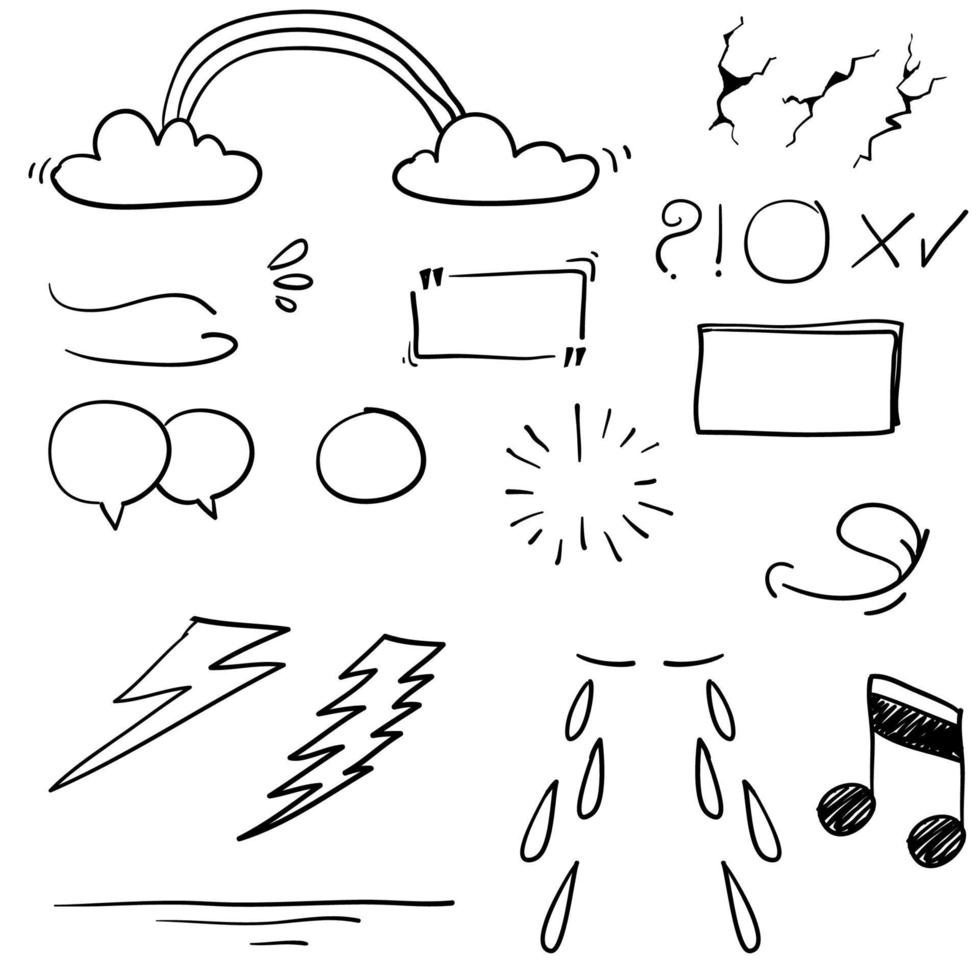 Hand drawn design elements, speech bubble, star, sun,light,check marks,rainbow,thunder,Swishes, swoops, emphasis ,swirl, heart, on white background. doodle vector
