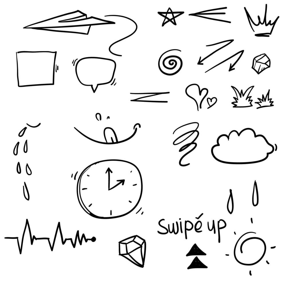 set of doodle design elements. Arrow, heart, love, speech bubble, star, leaf, sun,crown, king, queen,Swishes, swoops, emphasis ,swirl, heart,gem cartoon style vector