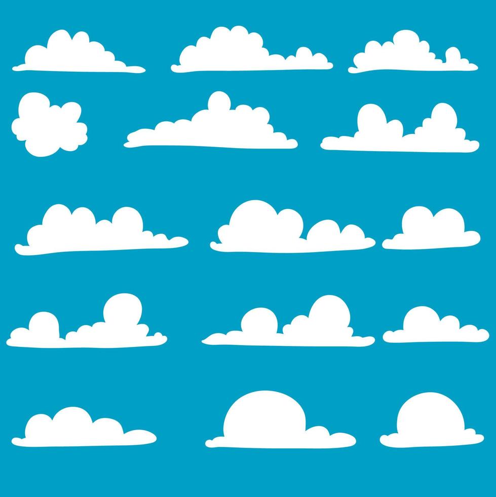 Cloud. Abstract white cloudy set isolated on blue background. Vector illustration.with hand drawn doodle style