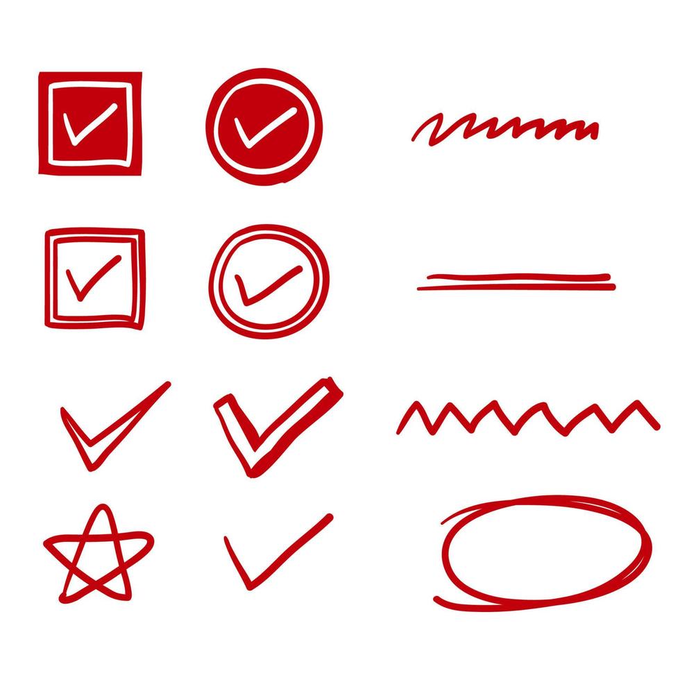 red hand drawn check, underline and oval marker with doodle style vector