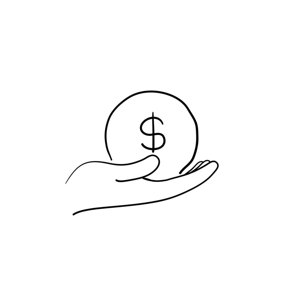 mano simple con un icono de línea de moneda icono de dibujos animados estilo doodle dibujado a mano aislado vector