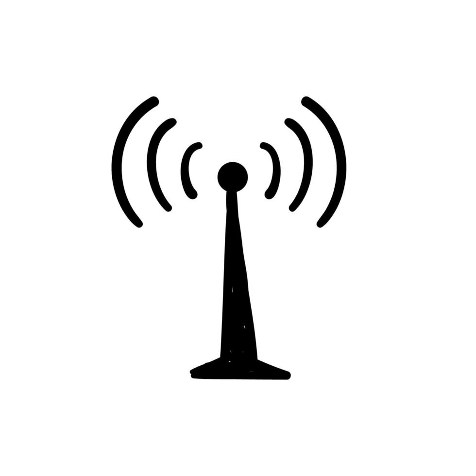 ondas de señales de radio y rayos de luz, radar, wifi, símbolos de señal de antena y satélite vector de estilo de garabato dibujado a mano