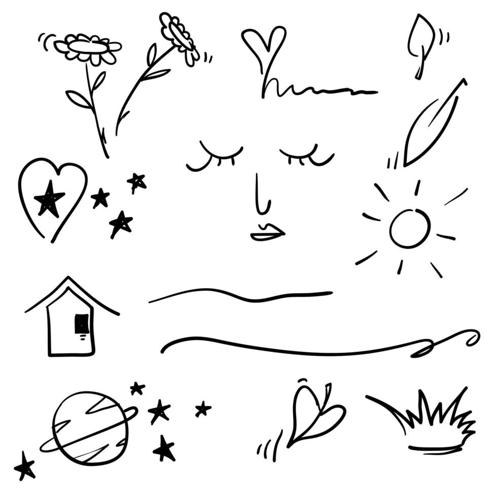 doodle emphasis elements, black on white background. Vector symbols and logo. Arrow, heart, love, hand made, homemade, star, leaf, sun, light, flower, daisy, graffitti crown, king, queen cartoon style