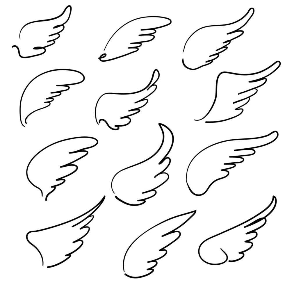 alas de ángel dibujadas a mano con garabatos. ala de plumas de ángel, silueta de tatuaje de pájaro. ángeles con alas de mosca lineal, iconos vectoriales de dibujos animados del cielo volador vector