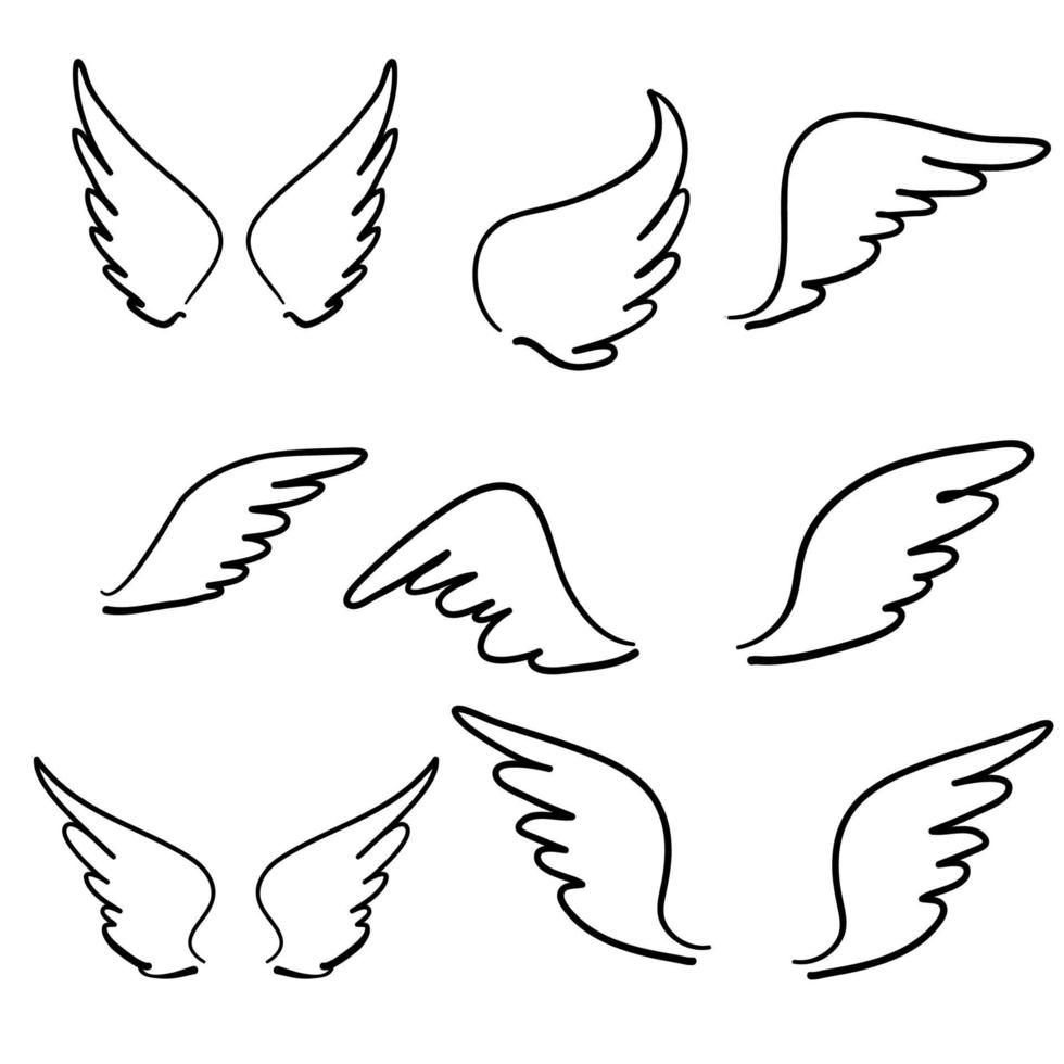 alas de ángel dibujadas a mano con garabatos. ala de plumas de ángel, silueta de tatuaje de pájaro. ángeles con alas de mosca lineal, iconos vectoriales de dibujos animados del cielo volador vector