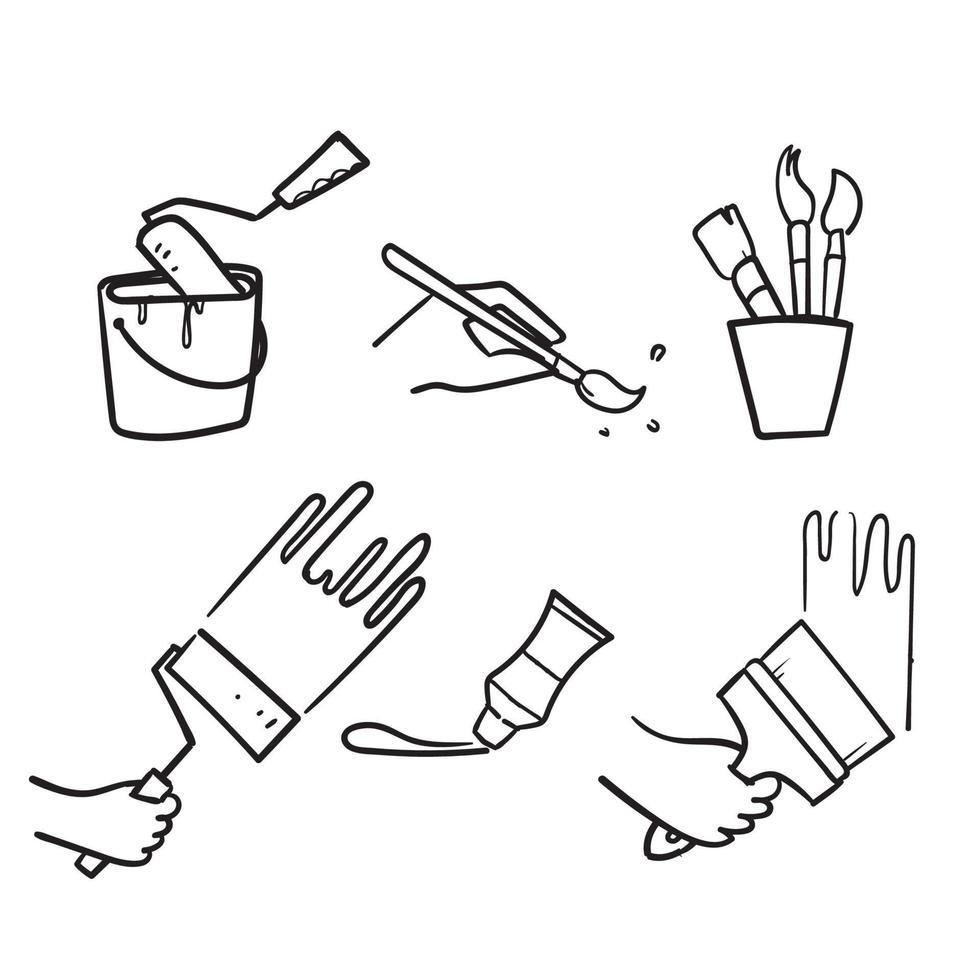 hand drawn doodle Brushes and Painting Related set illustration icon isolated vector