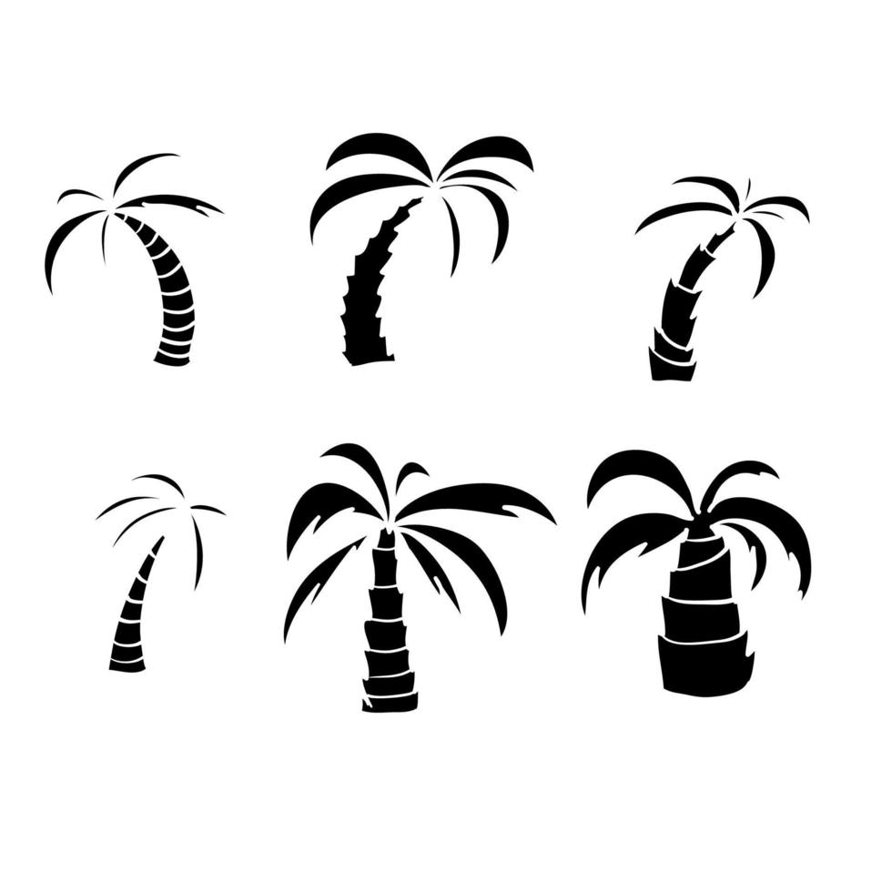 set of hand drawn palm tree illustration with doodle line art style vector isolated on white