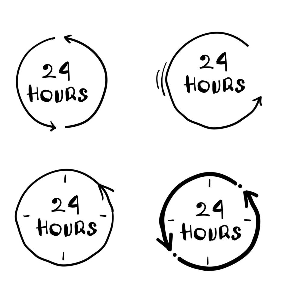 24 hours clock sign icon in doodle handdrawn style. Twenty four hour open vector illustration on white isolated