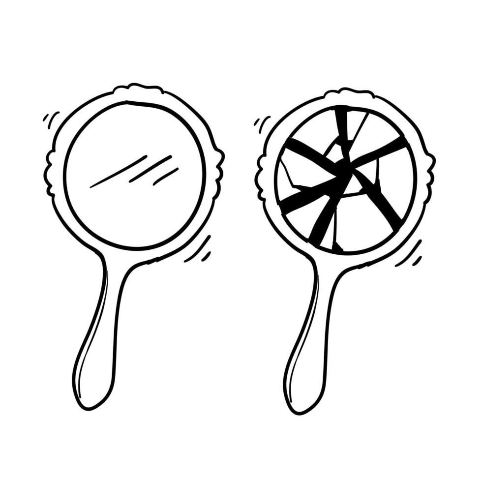 retro hand mirror drawing set, new and broken with doodle cartoon style vector