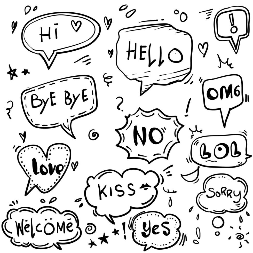 Hand drawn set of speech bubbles with dialog words Hello, Love, Bye, Hi, welcome doodle style cartoon vector