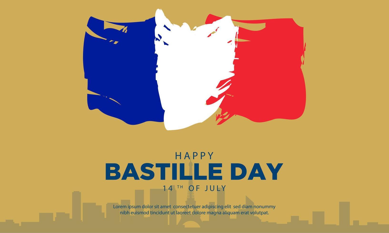 fondo del día de la bastilla con la bandera de francia y la silueta de la ciudad de parís. vector