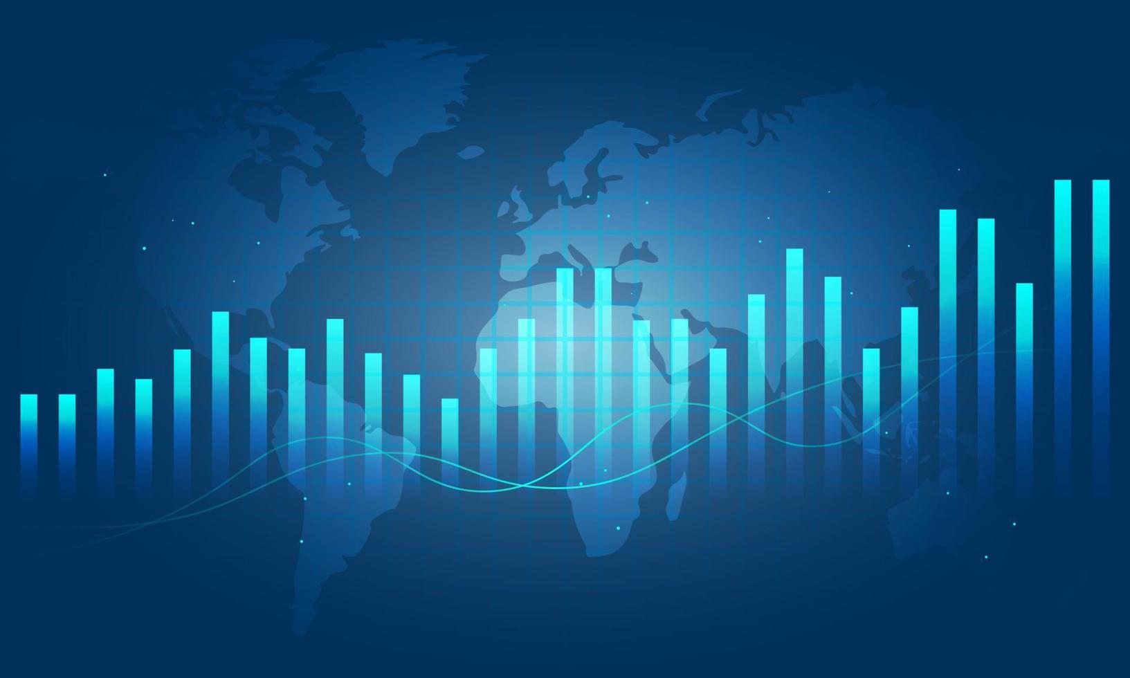 World Map with Financial Data Graph Chart on Blue Background. vector