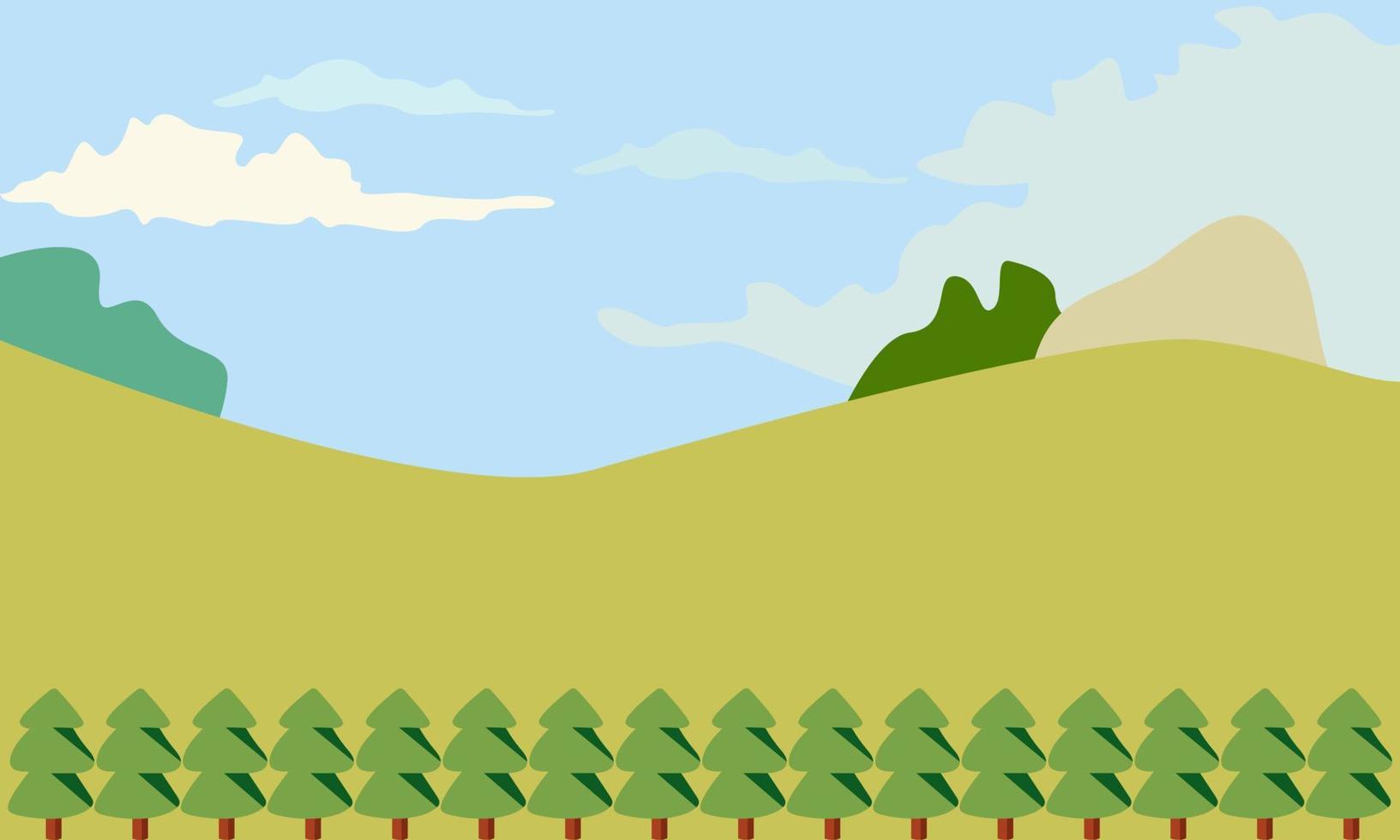 Mountain landscape vector illustration. Cartoon flat panorama, spring summer, beautiful nature, green trees, mountains on the horizon background