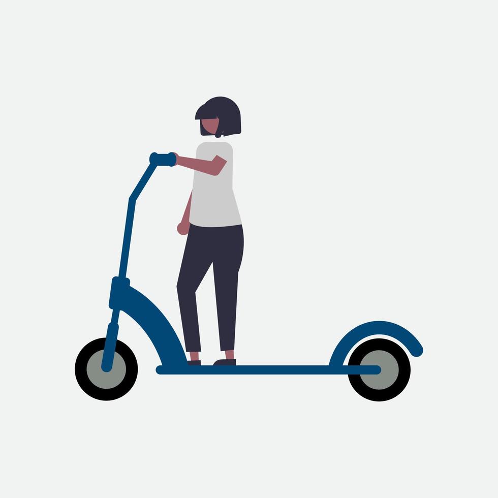 ilustración vectorial con mujer montando scooter. personaje de dibujos animados. vector