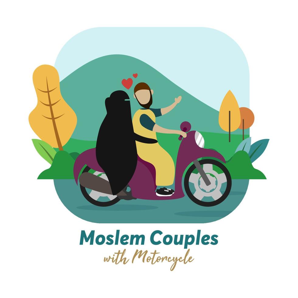 Muslim Couple Illustration with Motorcycle vector