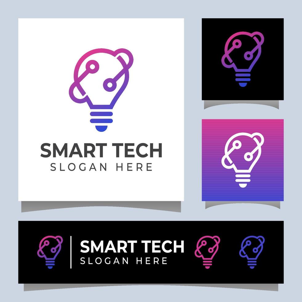 line art style smart technology logo, electric light, bulb tech on circuit gradient logo vector