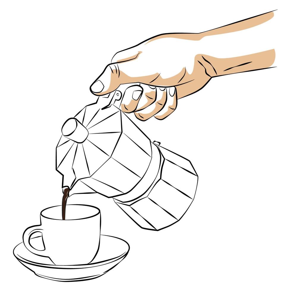 bosquejo, mano, café que vierte vector