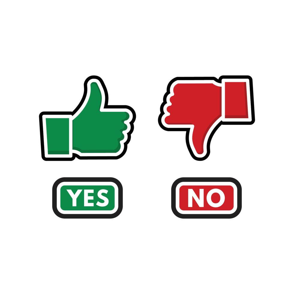 Yes and no buttons with thumbs up and down icons with black lines. vector