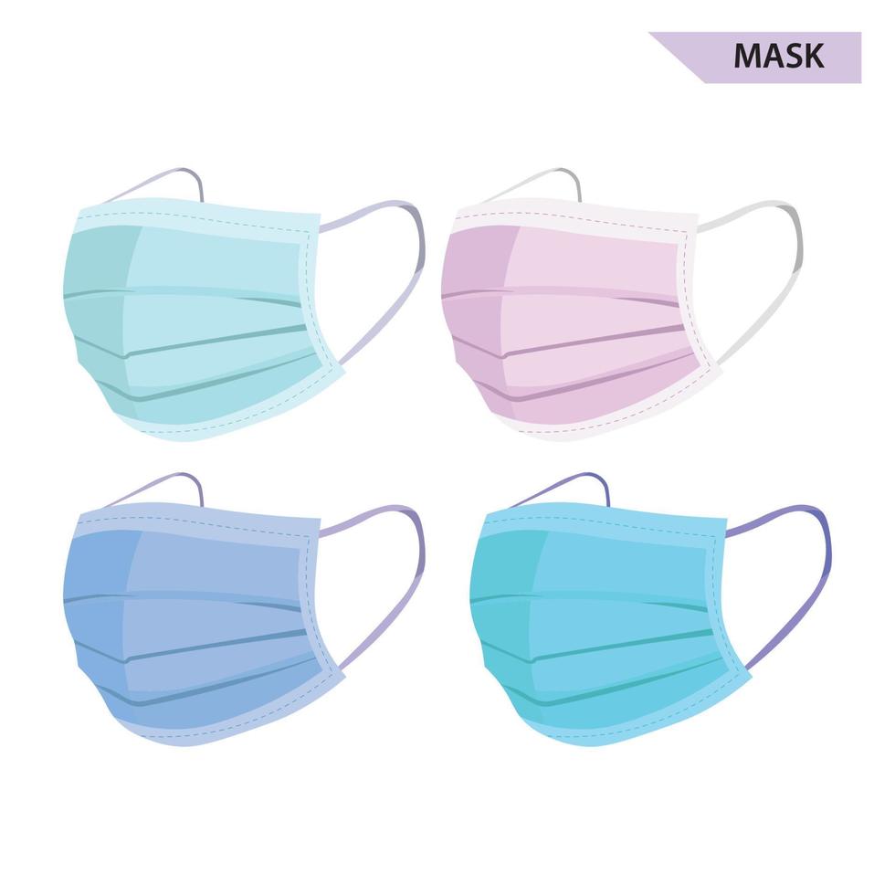 Medical face masks of various realistic colors. on a white background. Vector illustration.