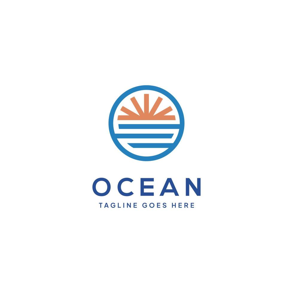 Ocean Logo Line Art Style Template with Sunshine for Business vector