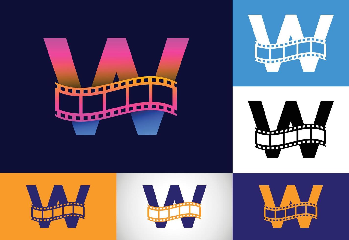 alfabeto de monograma w inicial incorporado con rollo de película. concepto de logo de video y película. emblema de fuente logotipo para el negocio del entretenimiento y la identidad de la empresa vector