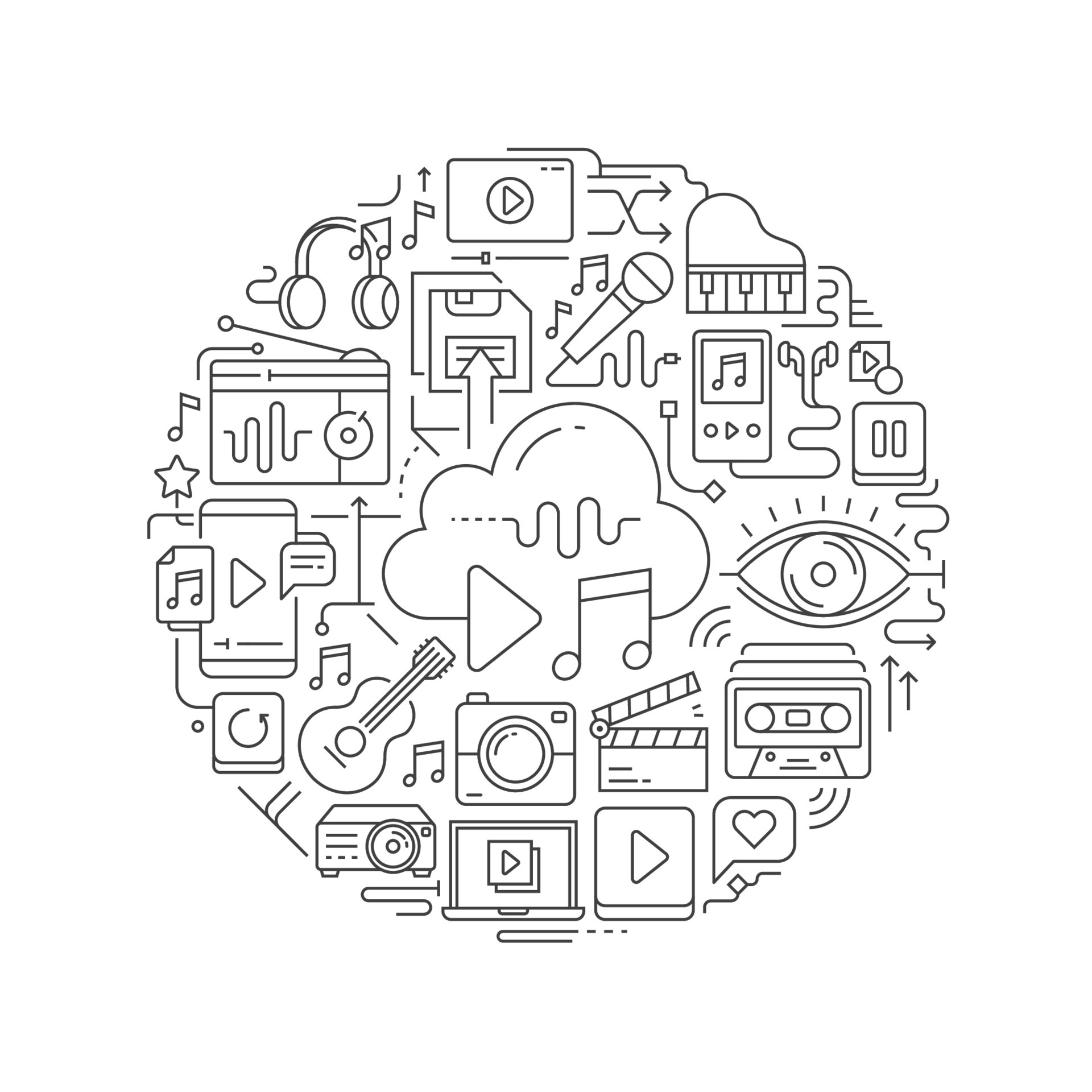 Multimedia concept in thin flat illustration. Multimedia line icons in