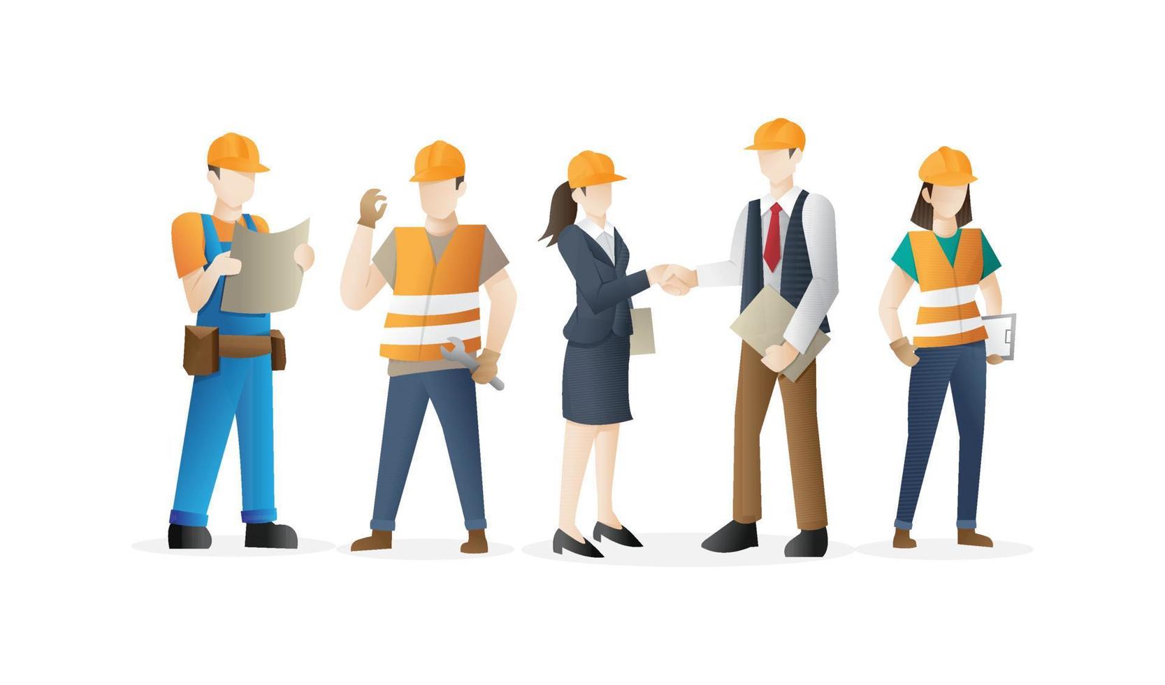 Construction worker team. Construction workers crew. Cool vector character design on white background - Vector illustration