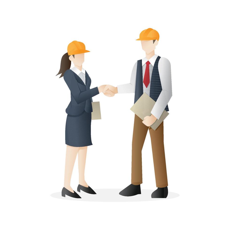 Construction firm. Successful partnership in construction business. A woman shaking hands with a architect, builder, contractor - Vector