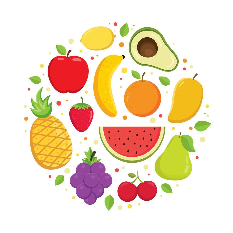 conjunto de coloridos iconos de frutas de dibujos animados. caricatura, frutas, vector, clipart, colección, fruta, iconos, aislado, blanco, plano de fondo vector