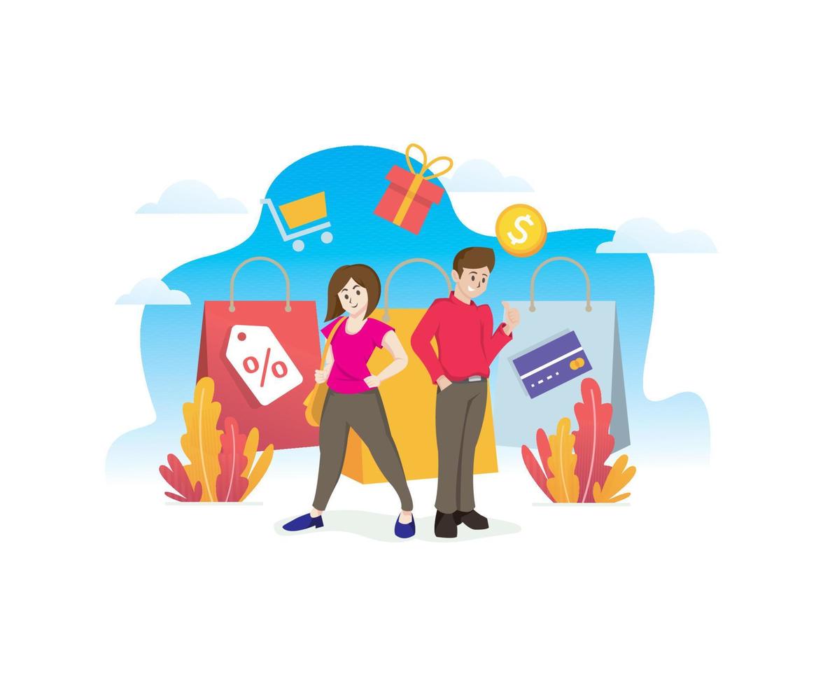 Happy couple shopping online illustration vector