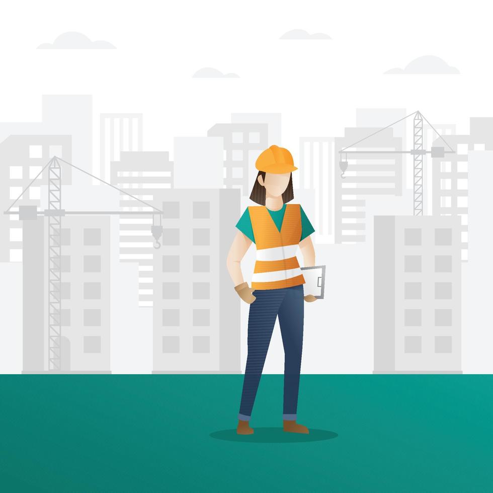 trabajadora de la construcción. trabajador de la construcción femenina sosteniendo portapapeles. fondo de dibujos animados de la industria de la construcción y la construcción con trabajadores. diseño de vector de personaje de trabajador de construcción