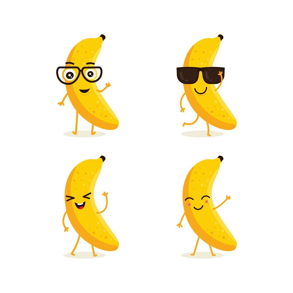 lindo conjunto vectorial de carácter de fruta de plátano en diferentes emociones de acción. colección de personajes de plátano en diferentes expresiones, personaje de fruta divertido aislado en fondo blanco vector