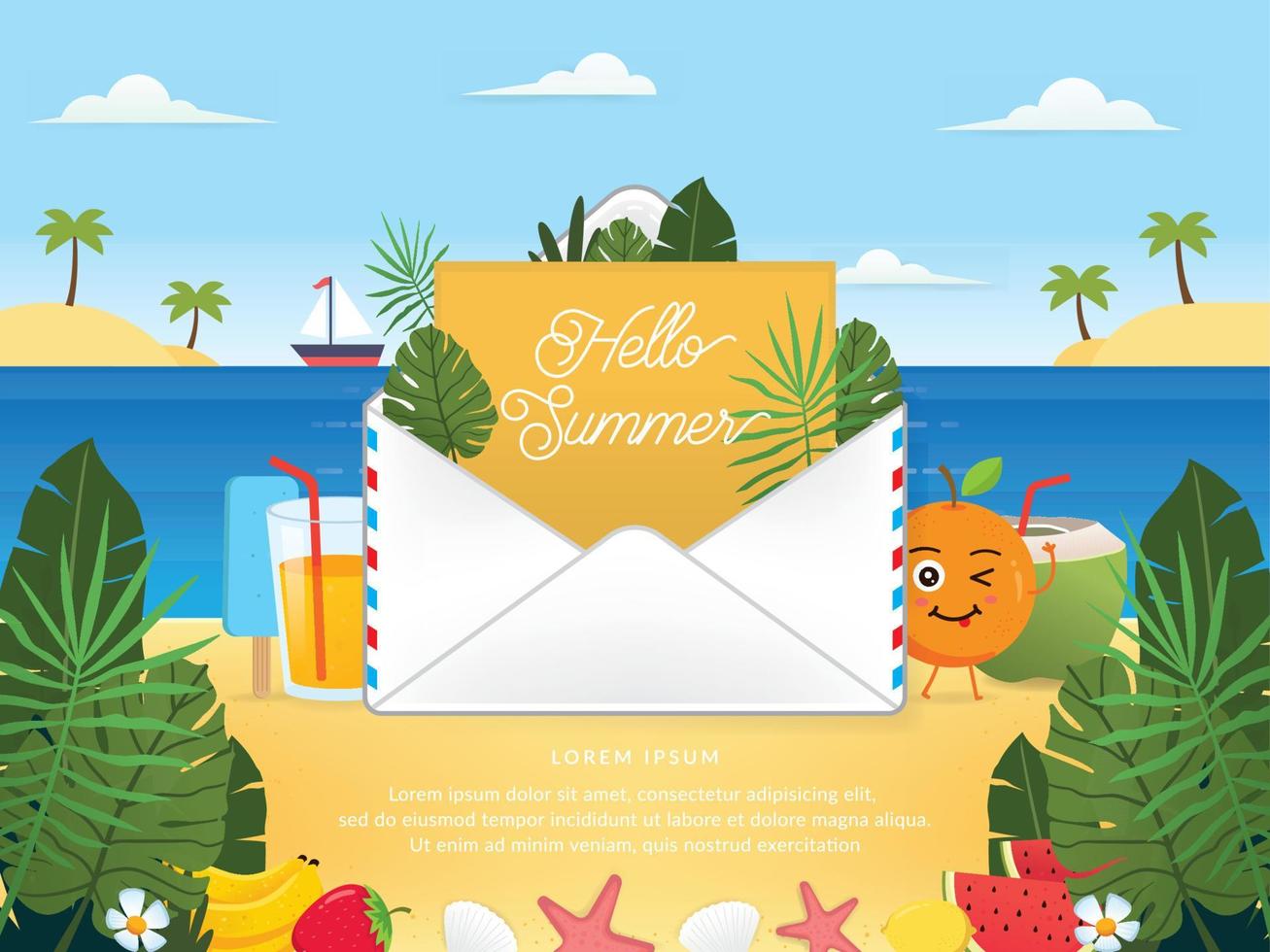 hola ilustración de sobre de carta de verano vector