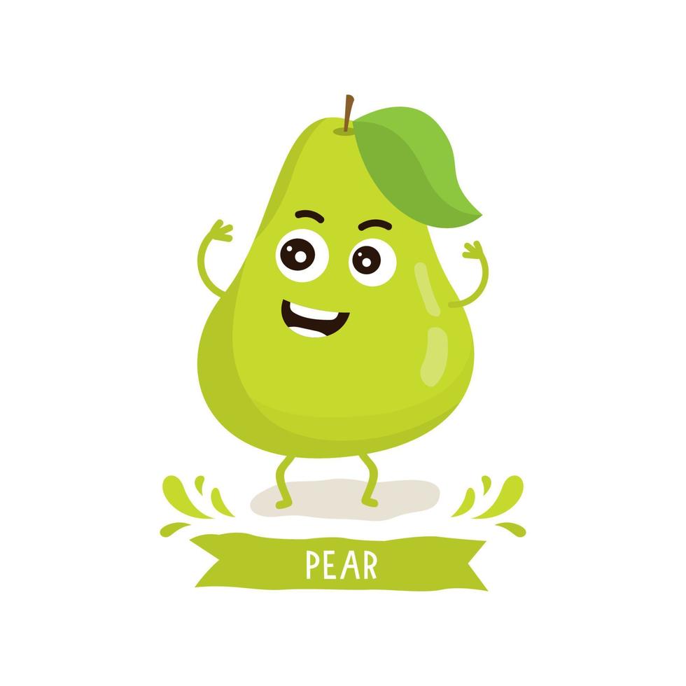 lindo personaje de pera, ilustración vectorial de dibujos animados de pera. lindo personaje de vector de fruta aislado sobre fondo blanco