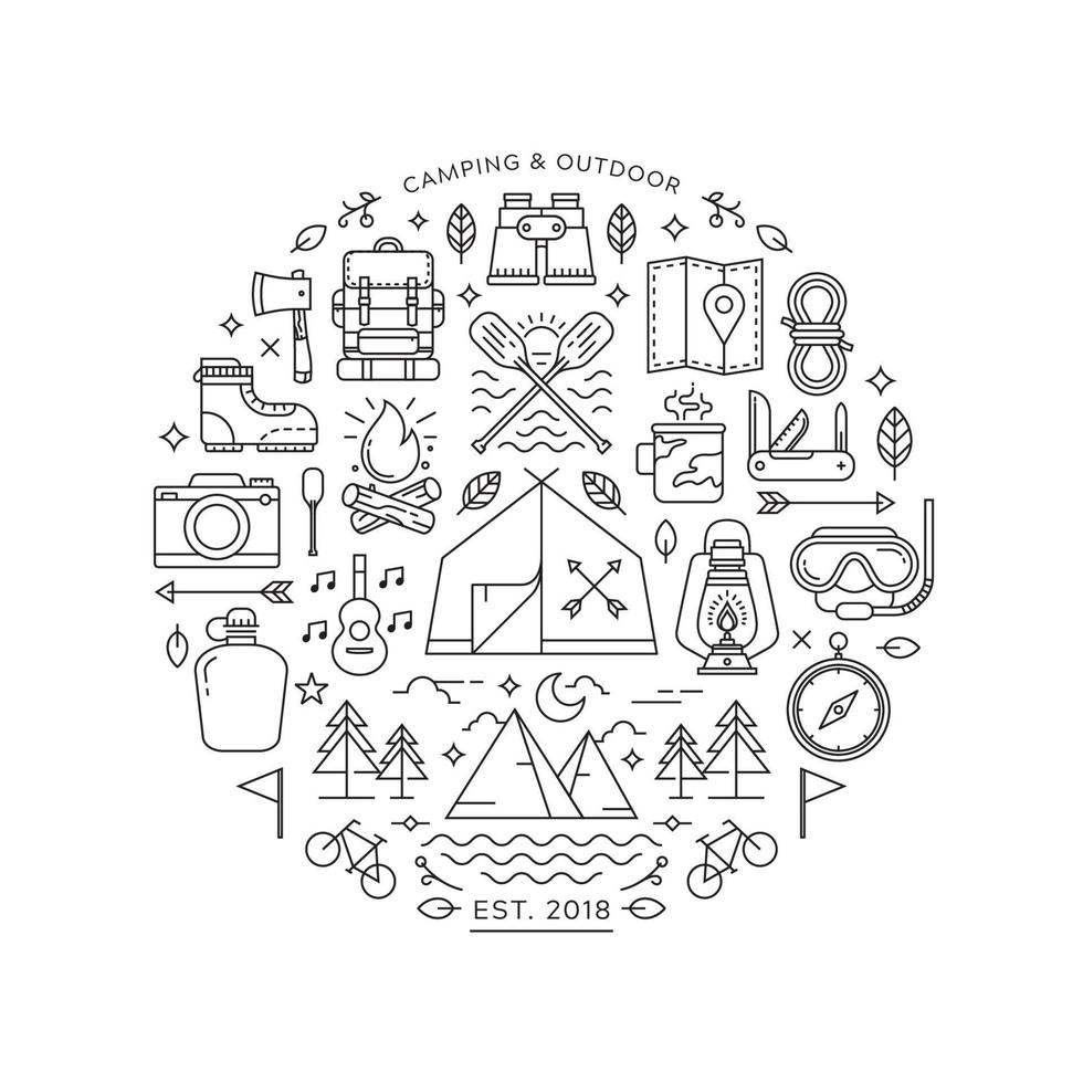 Round design element with Camping and Hiking icons vector