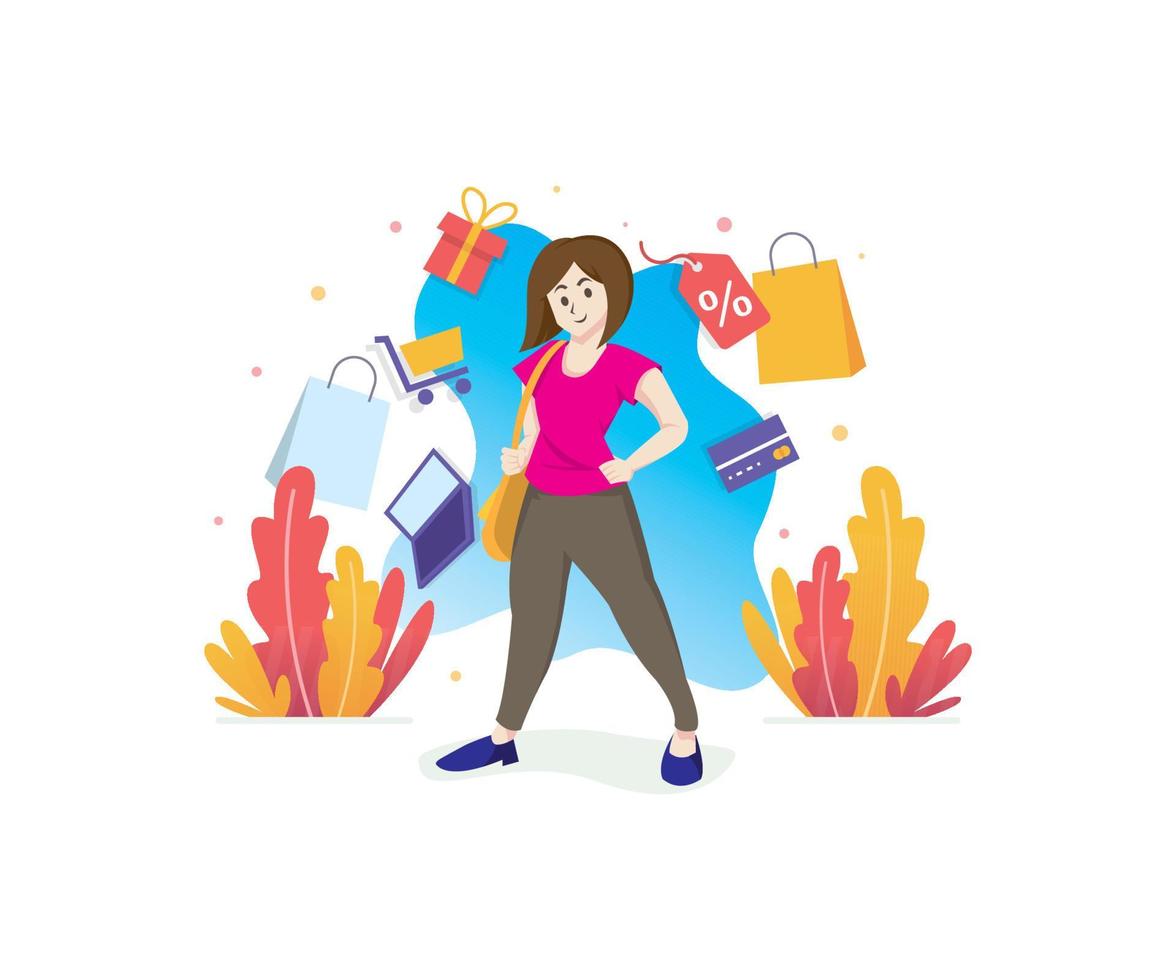 Smiling woman shopping illustration vector