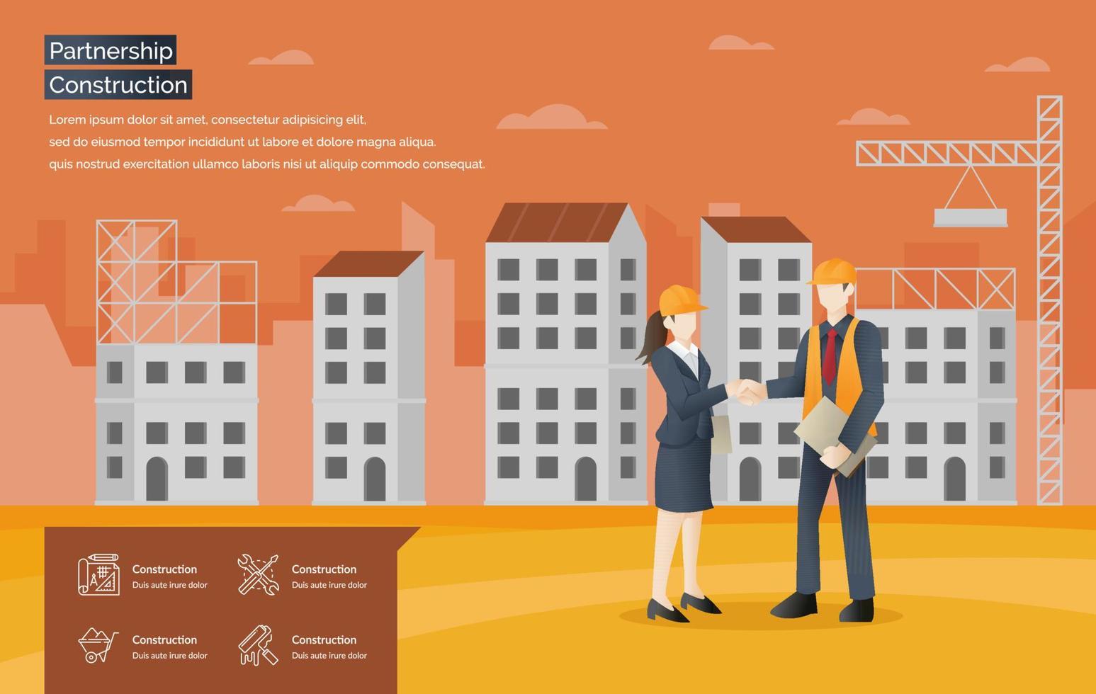 Partnership Construction vector web banner. Developer and buyer shaking hands on a deal of construction. Modern flat style vector illustration - Vector