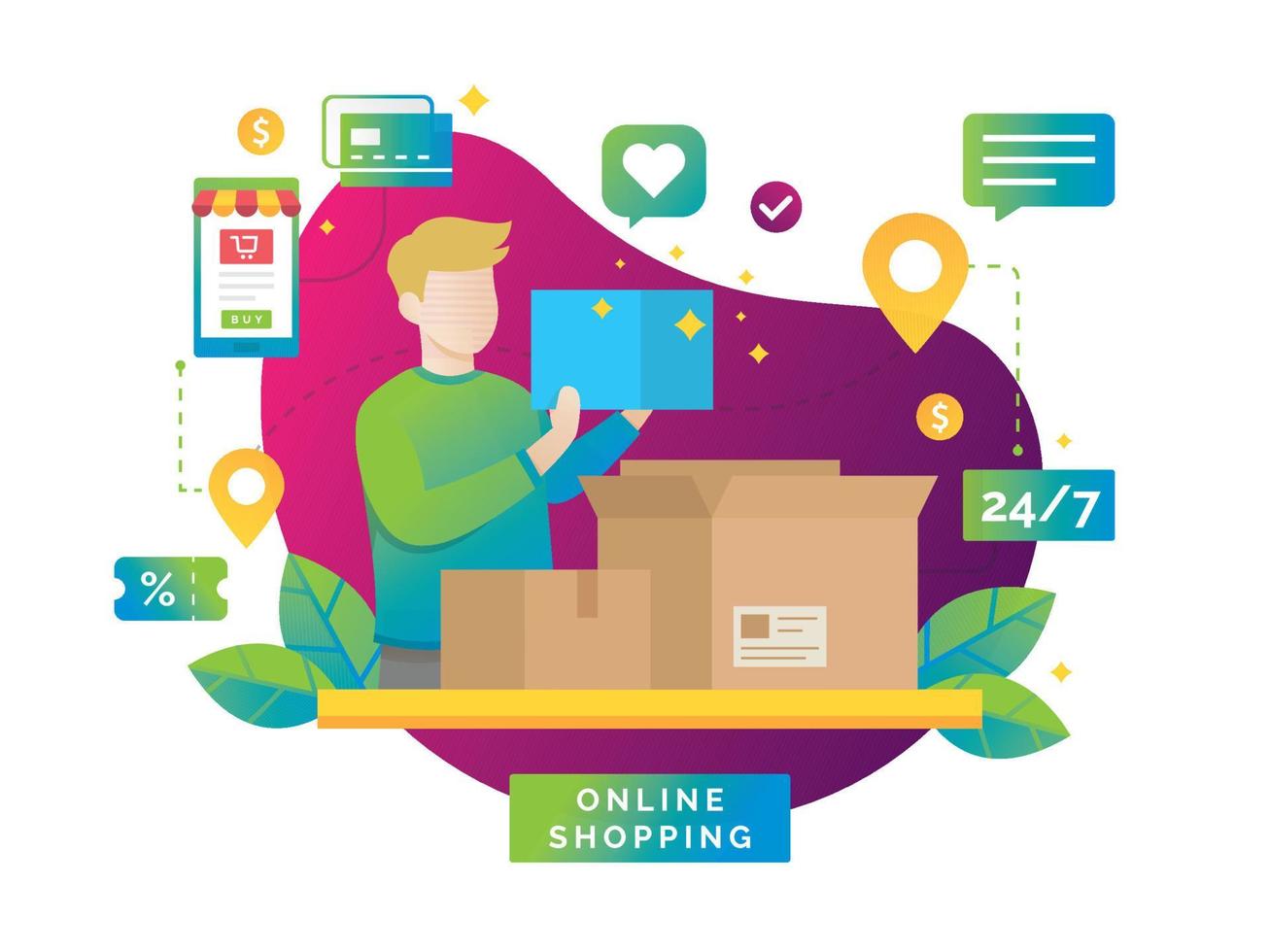 A man is opening a package from online shopping vector