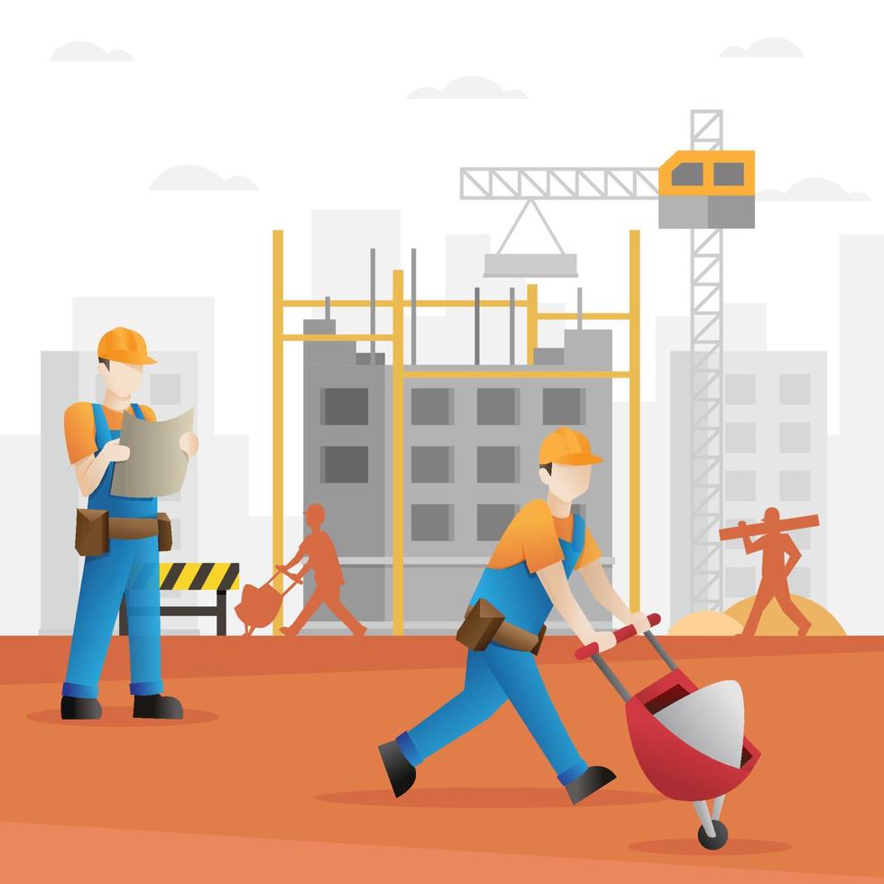 dibujos animados de constructor de construcción. fondo de dibujos animados de la industria de la construcción y la construcción con trabajadores. trabajadores de la construcción - ilustración vectorial vector