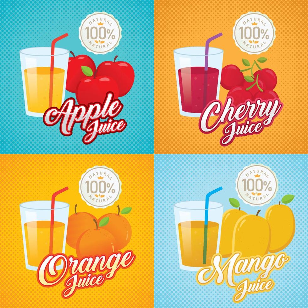 Fruit juice illustration. Retro poster, vector label illustration. Vintage advertisement with fruit and glass