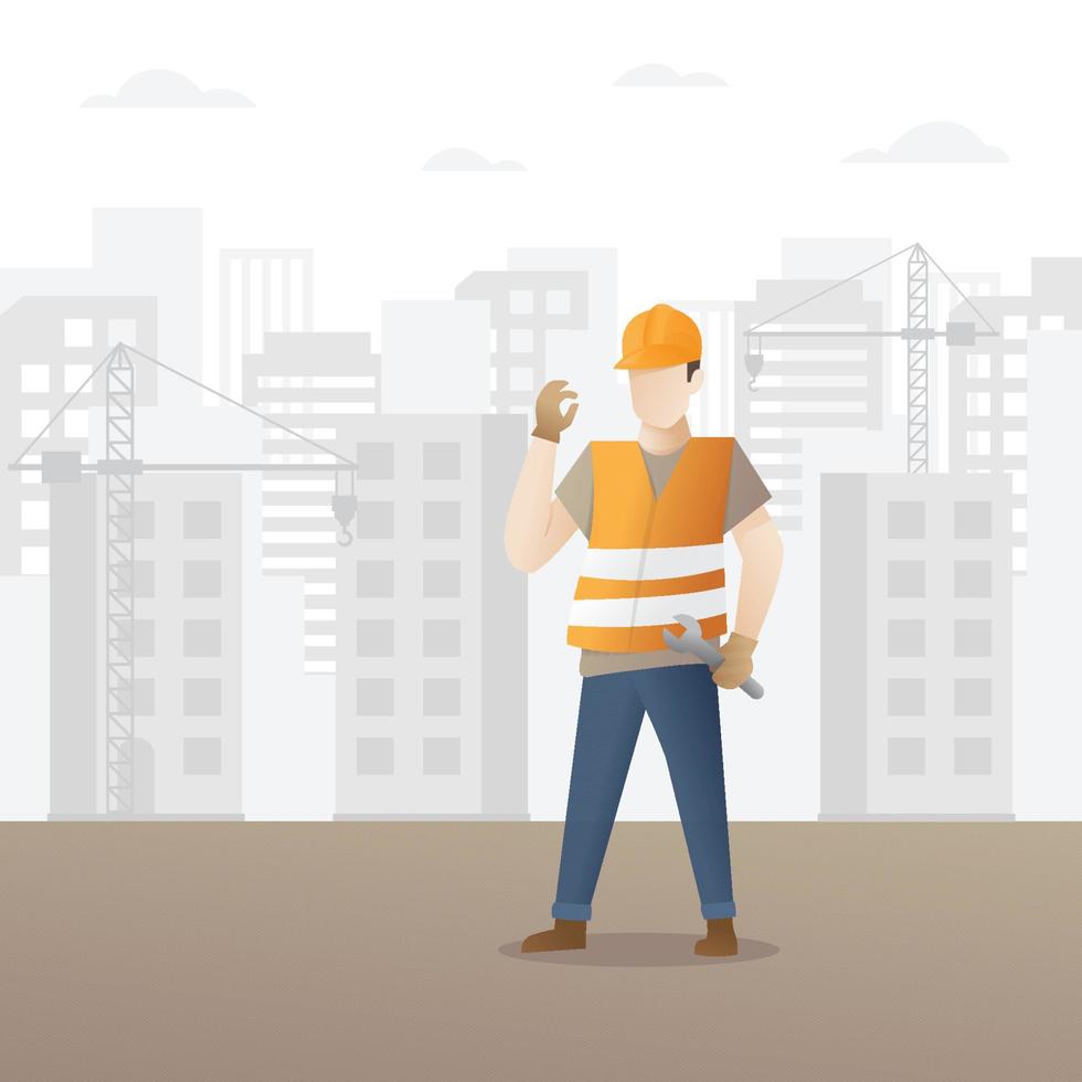 Male construction worker. Construction worker holding wrench. Building and construction industry cartoon background with workers. Construction Worker character vector design.