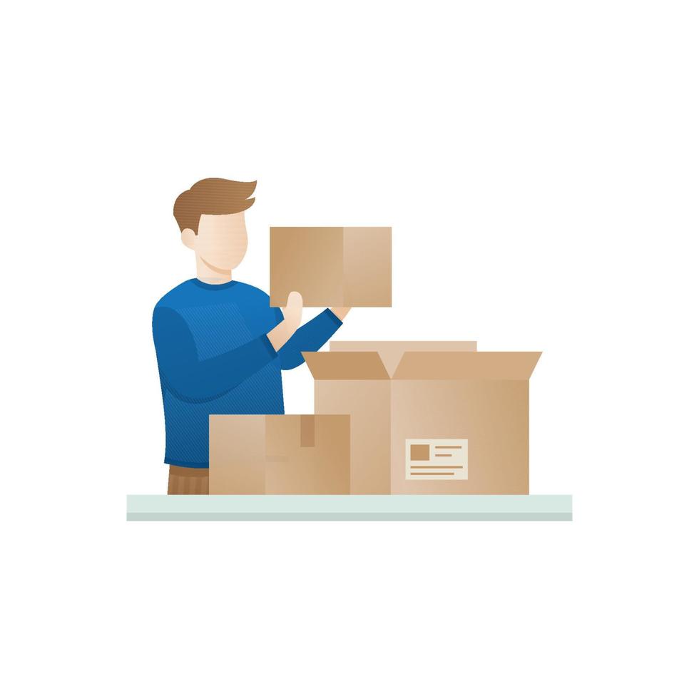 Young man open the package vector