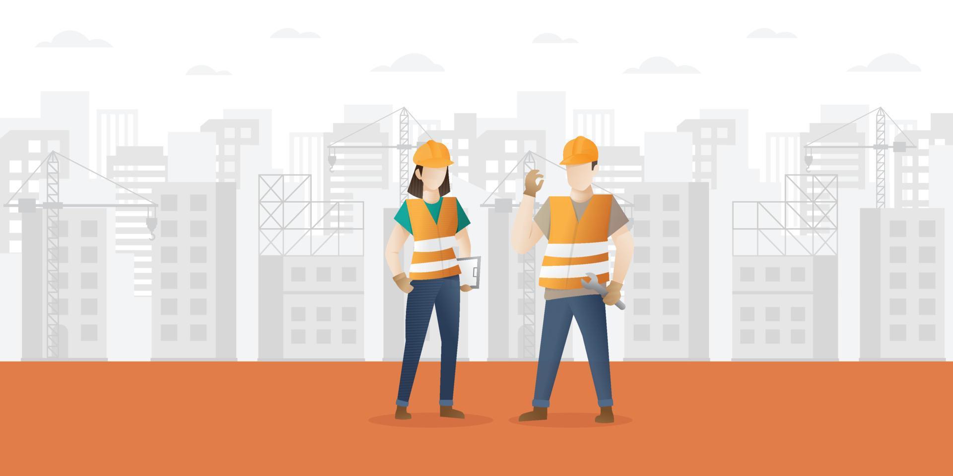 Building and construction industry cartoon background with workers. Construction Worker character vector design - Vector illustration