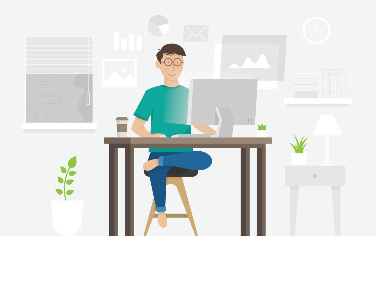 Freelancer guy working at home vector